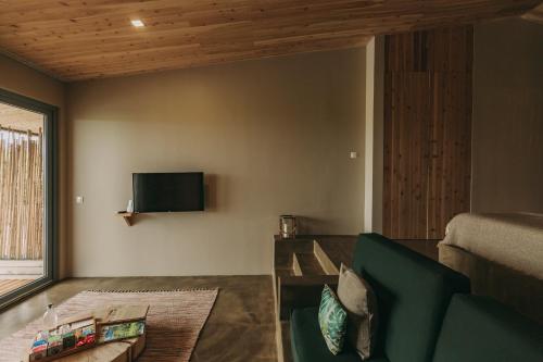 a living room with a green couch and a tv at Santa Barbara Eco-Beach Resort in Ribeira Grande