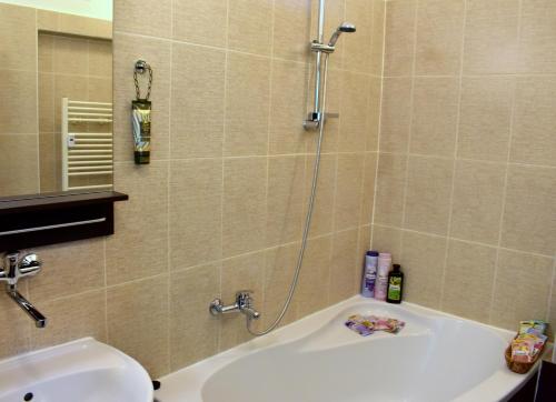 une salle de bain avec une douche, un lavabo et une baignoire dans l'établissement Wellness apartments Florenc, à Prague