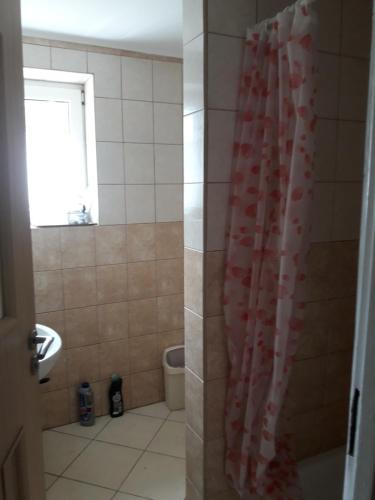 einen Duschvorhang im Bad mit WC in der Unterkunft PENSJONAT RELAX in Krynica Morska