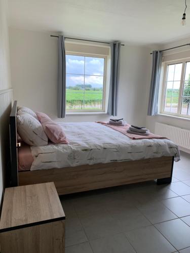 a bedroom with a large bed and a window at familieverblijf De groene Specht in Sluis