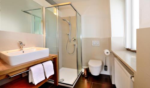 a bathroom with a sink and a shower at Wegscheiderhof in Bressanone