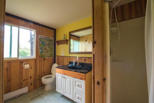 uma casa de banho com um lavatório, um WC e um espelho. em Beautiful 3 Bdrm + Bunkie Waterfront Cottage Near Gull Lake em Minden