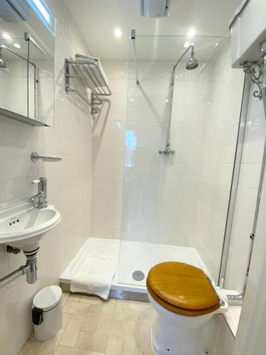 a bathroom with a shower with a toilet and a sink at Stylish Apartments in Pimlico & Westminster in London