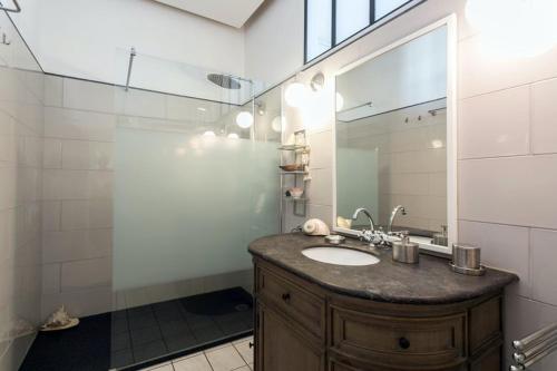 a bathroom with a sink and a mirror at Paris-sur-seine-chez-caroline in Paris