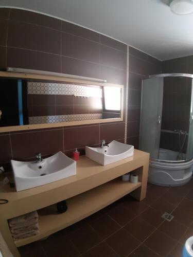 uma casa de banho com 2 lavatórios, um espelho e um WC em Nice apartment with terrace and like view . em Pogradec