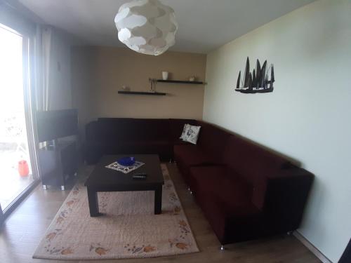 uma sala de estar com um sofá e uma mesa de centro em Nice apartment with terrace and like view . em Pogradec