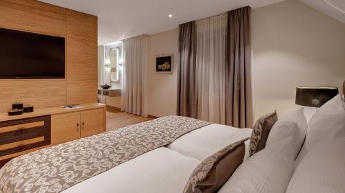 a hotel room with a bed and a flat screen tv at Residenz Alte Post Bonaduz in Bonaduz
