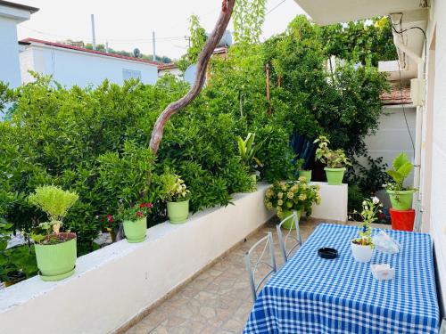 a table on a balcony with potted plants at Jemin Apartment in Berat