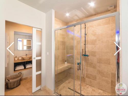 La salle de bains est pourvue d'une douche en verre et d'un lavabo. dans l'établissement Le loft en bulles, à Saint-Maurin