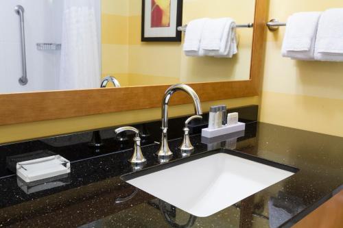 a bathroom counter with a sink, mirror and soap dispenser at Pinnacle Hotel Harbourfront in Vancouver