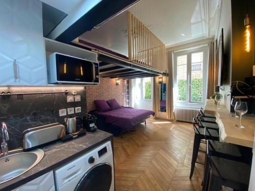 une cuisine avec un évier et un salon dans l'établissement Beautiful mini Loft near Saint-Lazare, à Paris