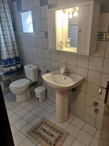 a bathroom with a sink and a toilet and a mirror at Nikiti Spathies Resort - Ground Apartment at Nikiti Village in Nikiti