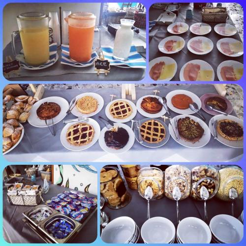 a collage of four pictures of breakfast foods and drinks at Hotel Flora in Cesenatico