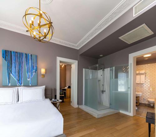 een slaapkamer met een bed en een glazen douche bij Petros Hotel in Istanbul
