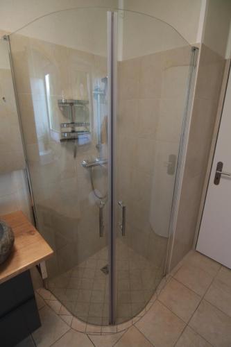 a shower with a glass door in a bathroom at Ferienwohnung Kuck Vogelreichsweg in Bad Pyrmont