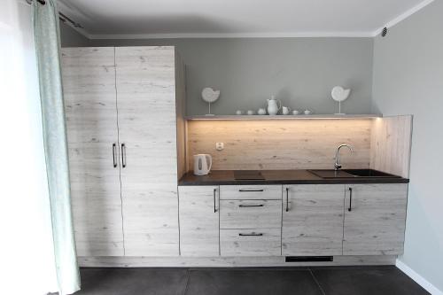 a kitchen with wooden cabinets and a sink at Villa Stawros in Łeba