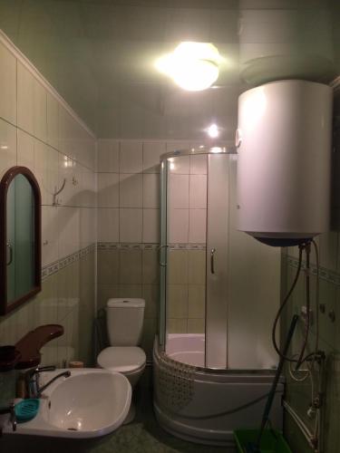 uma casa de banho com um chuveiro, um WC e um lavatório. em садиба Подвір'ячко em Szack