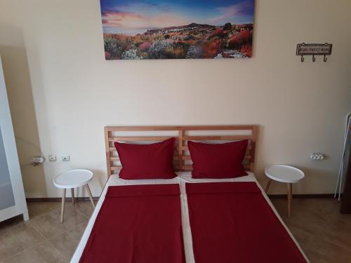 a bedroom with two beds with red pillows at SUNNY SEA PALACE 502 Studio Sunny Beach in Sunny Beach
