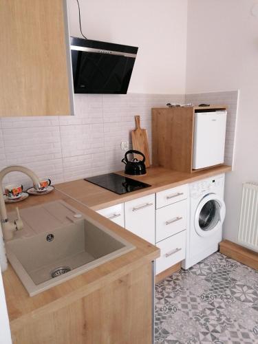 a kitchen with a sink and a washing machine at Pokój u Katarzyny in Węgorzewo