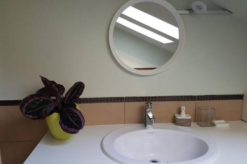 bagno con lavandino bianco e specchio di Cozy loft a Fiume (Rijeka)