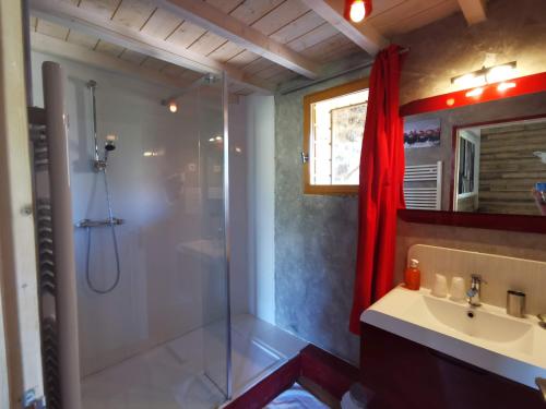 ein Bad mit einer Dusche und einem Waschbecken in der Unterkunft Le Moulin de la Fortie, maison d'hôtes in Viscomtat