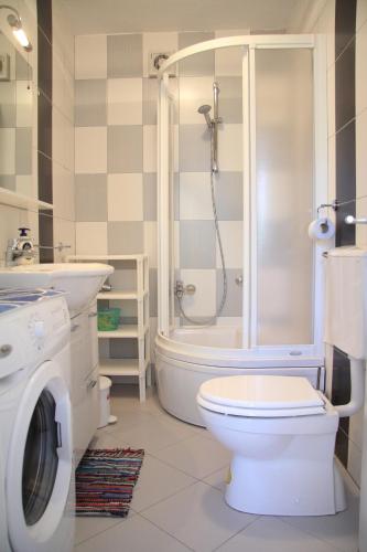 a bathroom with a toilet and a shower and a washing machine at Villa Alegria Cavtat in Cavtat