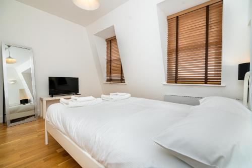 a white bedroom with two beds and a tv at Modern 1 Bed Flat in Holborn, London for up to 2 people - with free wifi in London