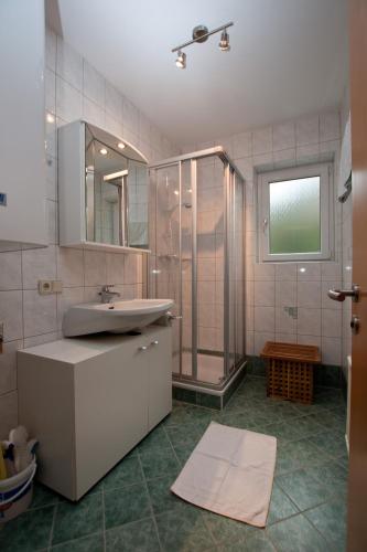 a bathroom with a sink and a glass shower at Appartment Lärchenalm in Sankt Martin am Tennengebirge