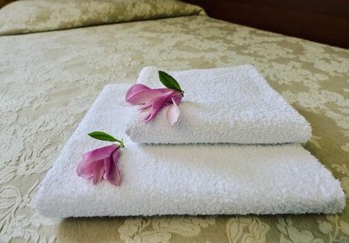 two towels with flowers on them on a bed at Hotel Mateo in Stopnica