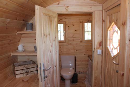- une salle de bains avec toilettes dans une cabine en bois dans l'établissement Domaine des Marguerites, à Baron
