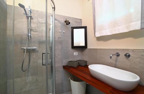 y baño con lavabo y ducha. en Tramontodivino b&b, en San Pietro in Vincoli