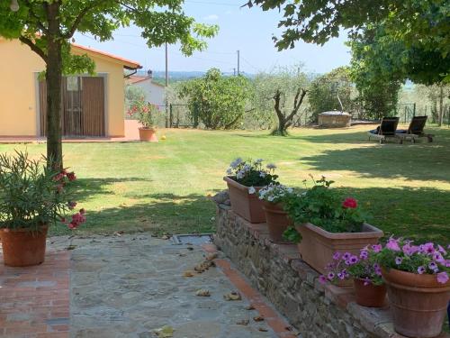 a garden with flowers in pots on a wall at B&B La Loccaia in Ciggiano