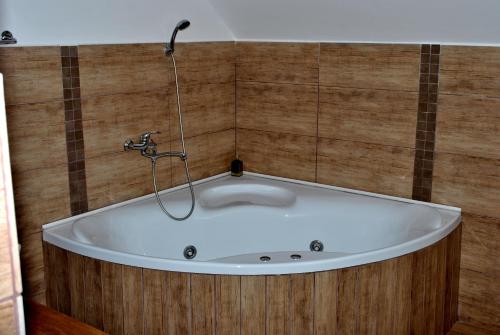 a bath tub with a shower in a bathroom at Casa Adalmo in Sighişoara