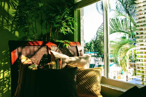 a room with a window with plants and pillows at Villa Venezia in Fort Lauderdale