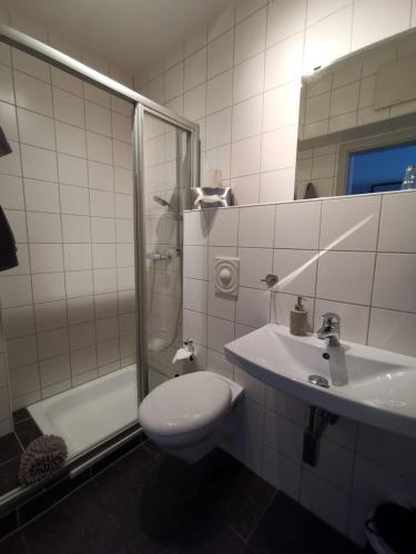 Un baño con inodoro, lavabo y ducha. en Hotel Come In, en Menden