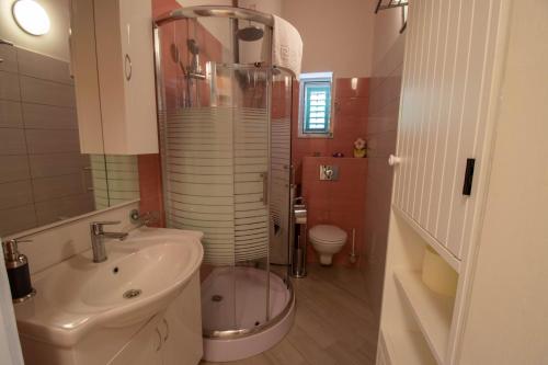 a bathroom with a shower and a sink and a toilet at Apartman Ivan in Drniš