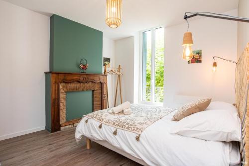 a bedroom with a bed and a fireplace at Fontaines de Valence d'Agen Centre Ville Netflix Proche Parking Gratuit in Valence-dʼAgen
