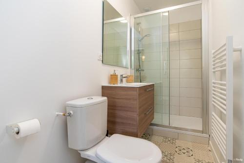 a bathroom with a toilet and a shower at Fontaines de Valence d'Agen Centre Ville Netflix Proche Parking Gratuit in Valence-dʼAgen