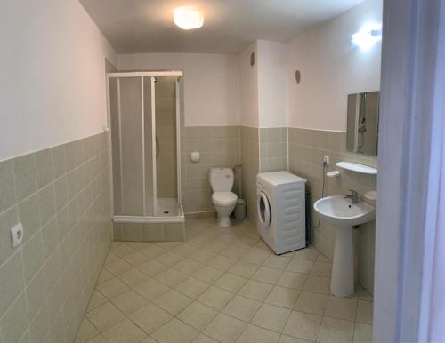 a bathroom with a toilet and a sink and a shower at Apartamenty nad jeziorem in Ełk