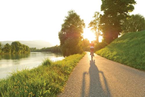 a person riding a bike down a path next to a river at Family Home Weißensee in Greifenburg