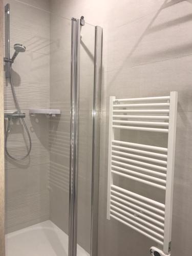 a shower with a glass door in a bathroom at Le coin de Fréderic in Colmar