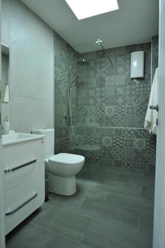 een badkamer met een toilet en een glazen douche bij Sunset Apartment Lagadin in Ohrid