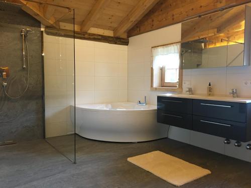 a bathroom with a tub and a shower and a sink at Langrieshof in Rauris