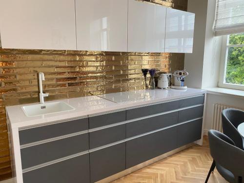 リエパーヤにあるAngel apartmentのシンクとレンガの壁のあるキッチン