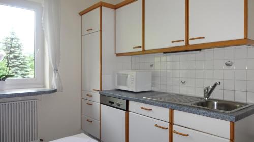 a kitchen with a sink and a microwave at Schlossalm Appartement in Bad Hofgastein