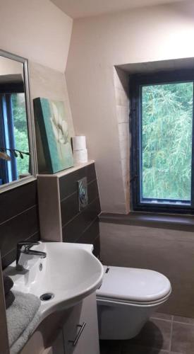 a bathroom with a sink and a toilet and a window at Barátkerti Apartman 818 in Szarvaskő