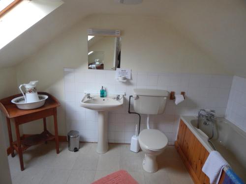 a bathroom with a sink and a toilet and a tub at The Olde Castle B&B in Renvyle