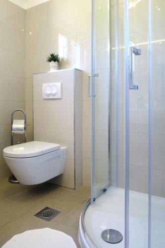 a bathroom with a toilet and a glass shower at Apartment Branka-1 by Interhome in Mošćenice
