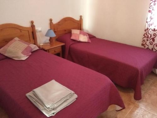 コニル・デ・ラ・フロンテーラにあるApartamento La Atalaya C-110の紫のシーツが備わる客室内のベッド2台