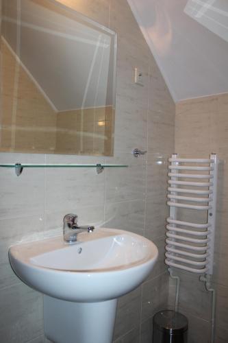 Un baño con lavabo y ducha de cristal. en Zajazd Podlesie, en Chociwel